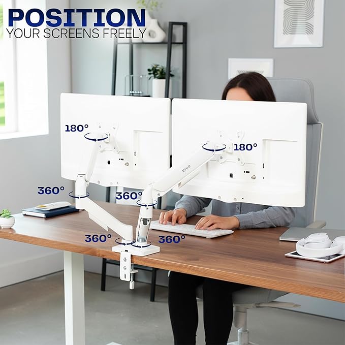 VIVO Dual Monitor Stand, Fully Adjustable Arms for 17 to 32 inch Screens, Mechanical Articulating Desk Mount, Gaming and Office Setups, VESA 75x75, 100x100, Max 19.8 lbs, Classic, White, STAND-V002OW