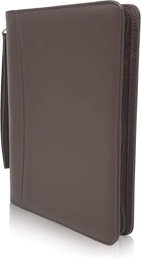 Customized Junior Zippered Leather Padfolio - Name/Logo Printed on Dark Brown PU Leather Portfolio Binder & Organizer Folder with 8 Inch Tablet Sleeve & with Junior Legal Notepad