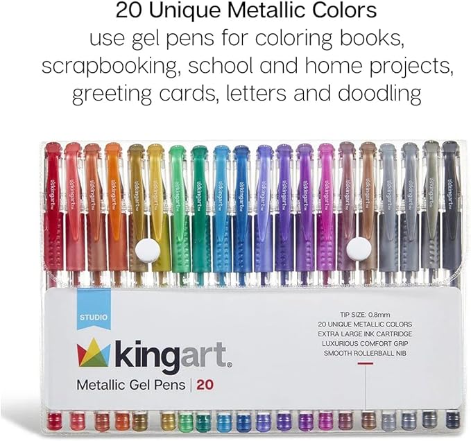 KINGART Metallic Rollerball Gel Pens, Set of 20 Shiny Colors with Soft-Grip Comfort, XL Ink Cartridge - Ink, Great for All Ages, Writing, Coloring, Doodling, Scrapbooking, Journaling & More
