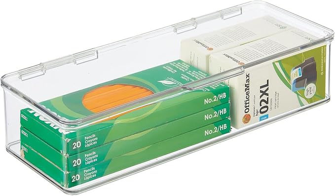 mDesign Office Supplies Desk Organizer Box with Lid for Staplers, Scissors, Pens, Sticky Notes, Highlighters, Tape - 3" Tall, Long, Clear