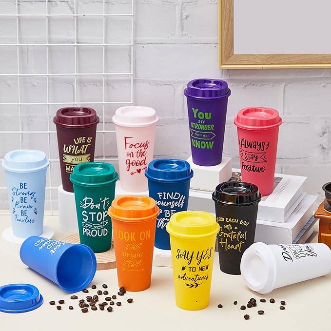 12 Pcs Inspirational Gifts for Employee Coworkers Staff Teammate, 16oz Reusable Plastic Coffee Cups with Positive Sayings, Bundle Gifts for Woman Man Coworker (Bright Color,Inspirational)
