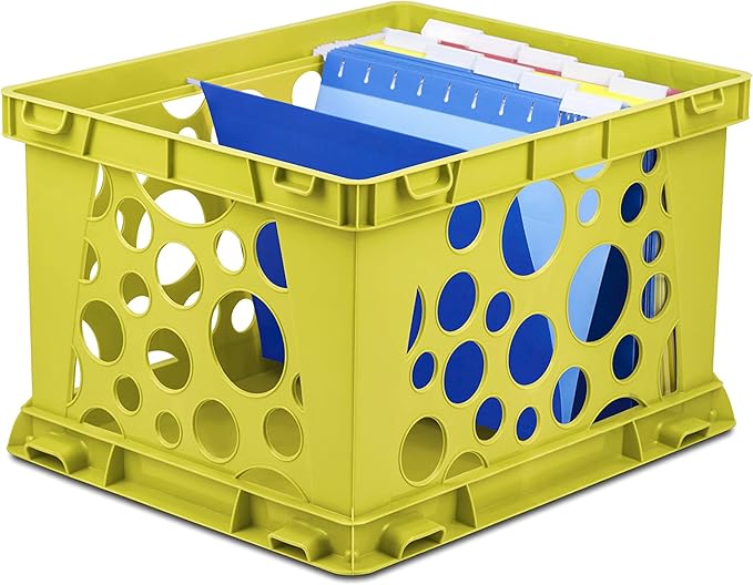 Storex Premium File Crate with Handle Cutouts – Letter and Legal Document and Folder Storage, Classroom Yellow, 3-Pack (61462C03C)