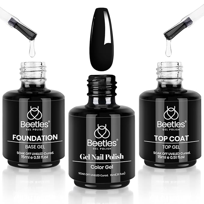 Beetles 3 Pcs No Wipe Gel Top Coat Base Coat & Black Gel Nail Polish Set, Shine Finish and Long Lasting, Soak Off LED Lamp Base Top Uv Lamp Nail Art Manicure Gifts for Women