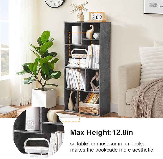 VECELO 42" Contemporary Bookshelf, 7 Cube Organizer Bookcase,Fits Tallest Hardcovers, Horizontal Available,Floor Standing Display,Easy Assembly, Gray