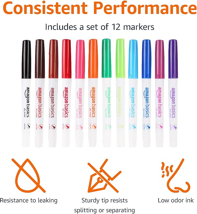 Amazon Basics Low Odor Ultra Fine Tip Dry Erase Whiteboard Markers for Precise Writing, Thin Lines, Assorted Colors, 12-Pack