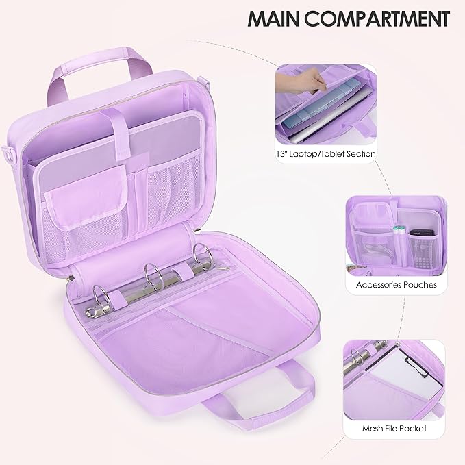3 Ring Zipper Binder, 2 Inch Ring Binder Organizer Bag with Shoulder Strap Fits 13 Inch Laptop and 500 Sheets, Purple(Empty Bag Only)