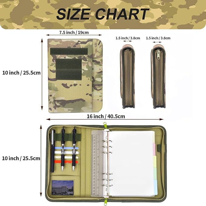 Army Military Padfolio Ring Binder with Zippered Portfolio Organizer and Tactical Notebook Cover for A5 Folder, Small OCP Binder Planner for Men, 6 Ring Binder Organizer Military Notebook Cover(Multi)