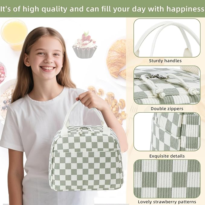 LEDAOU Lunch Box for Women Insulated Lunch Bag Corduroy Lunch Tote Bags Leakproof Cooler Lunch Case for Travel Work Picnic (Checked)