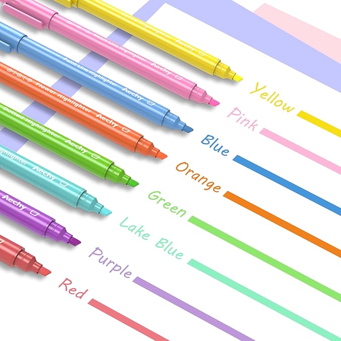 AECHY 8PCS Curve Highlighter Pen Set, Dual Tip Marker Pens with 6 Different Curve Shapes & 8 Colors Mark Lines, Aesthetic Curve Marker Highlighter for Journal Planner School Supplies