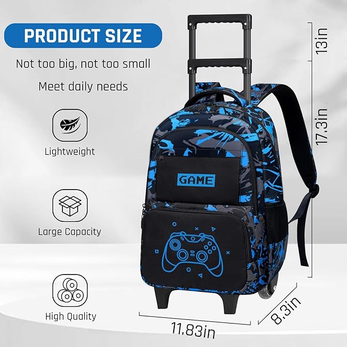 Boys Rolling Backpack for Kids - Glow in The Dark Kids Rolling Backpack with Wheels for Elementary Middle School - Gamer Roller School Bookbag Aged 6-18, Wheeled Travel Bag Large Capacity