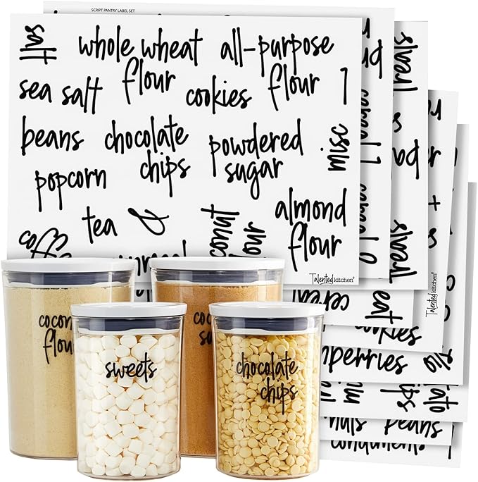 Talented Kitchen Pantry Labels for Food Containers - 157-Piece, Black Script Vinyl - Jar & Bin Labels & Food Storage Organization Stickers