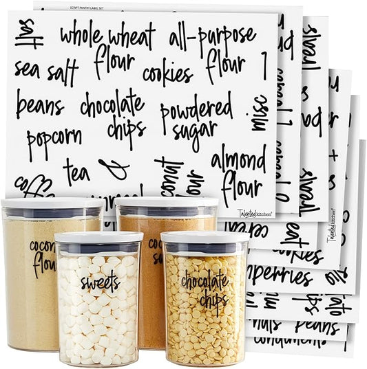 Talented Kitchen Pantry Labels for Food Containers - 157-Piece, Black Script Vinyl - Jar & Bin Labels & Food Storage Organization Stickers