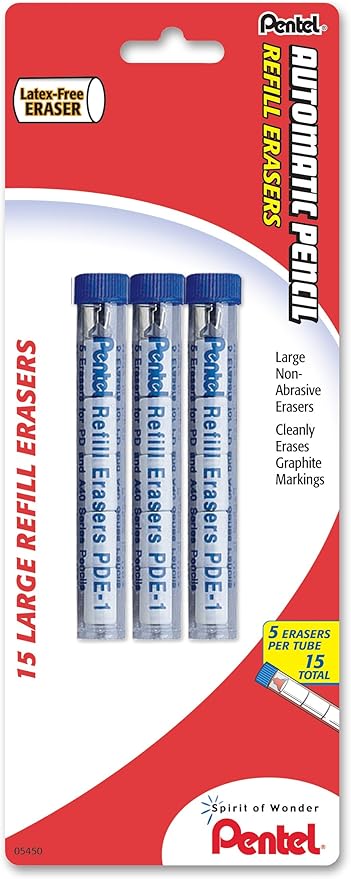 Pentel Refill Eraser for AL, Ax and PD Series Pencils 5 Pcs/Tube, 3-PK