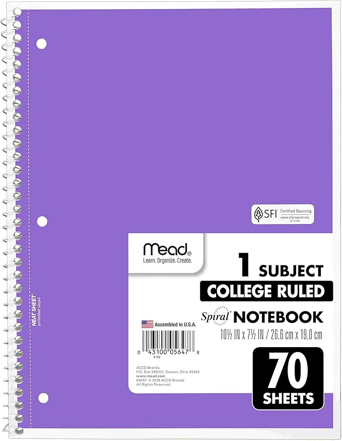 Mead Spiral Notebooks, 6 Pack, 1-Subject, College Ruled Paper, 10-1/2" x 8”, 70 Sheets per Notebook, Assorted Colors (73065)…