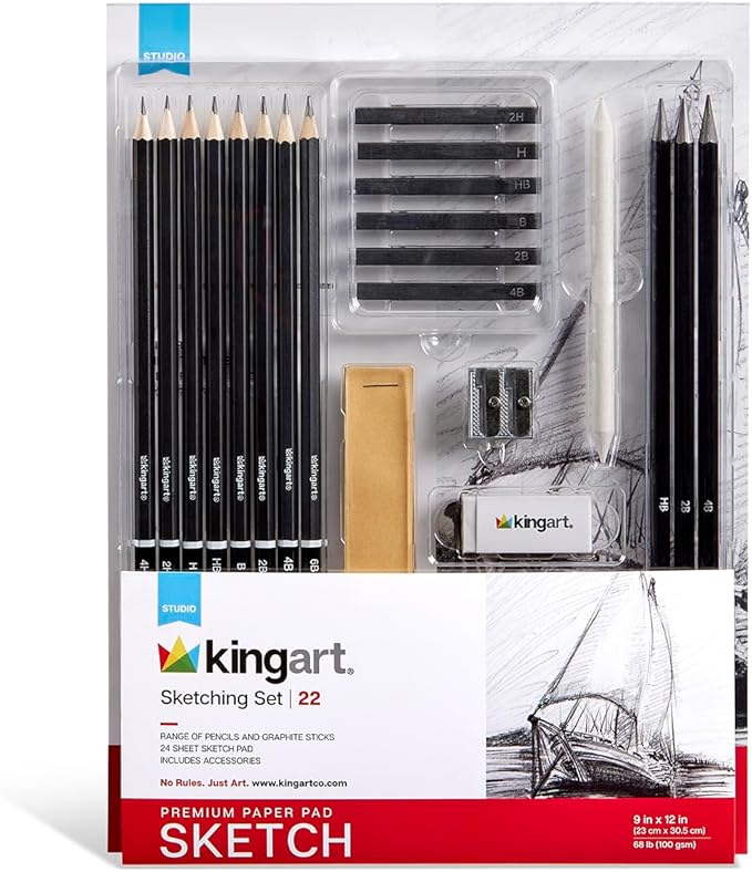 KINGART 22-Piece Professional Sketching Kit with 9x12 Drawing Pad – Includes 12 Graphite Pencils, 6 Soft Pastels, Blending Stump, Kneaded Eraser, and Sharpener – Versatile Artist Set for Shading