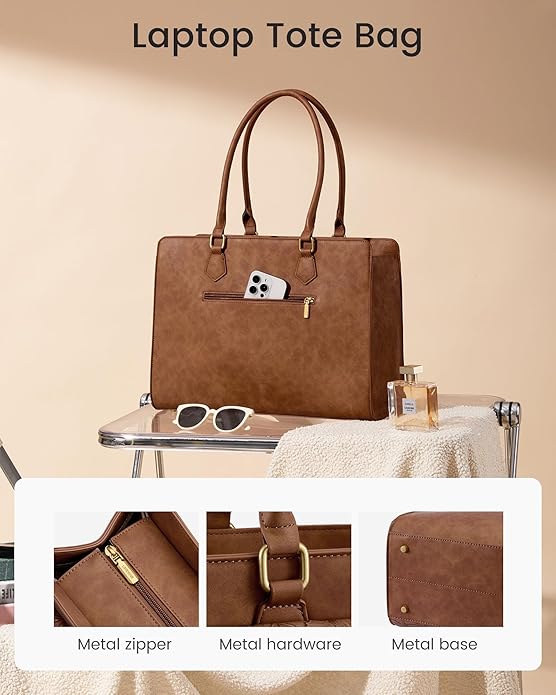 LOVEVOOK Laptop Tote Bag for Women - PU Leather Vintage Work Tote Bag,Waterproof Business Teacher Bag with Large Cup Holder