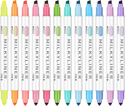12 Colors Dual-Tip Highlighter Marker Set, Broad and Fine Point Tips, No Bleed, Ideal for Bible Highlighting, Journaling, School and Office Supplies, Assorted Ink Colors
