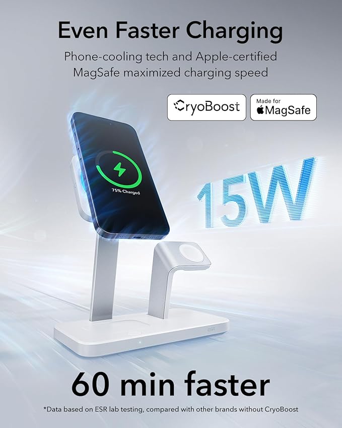 ESR for 25W 3-in-1 Magsafe Charger Stand, Made for Apple-Certified Magnetic Wireless Charger, 15W Charging Station for iPhone 17/16/15/14/13 Apple Watch/AirPods Pro, Phone-Cooling Charger, White