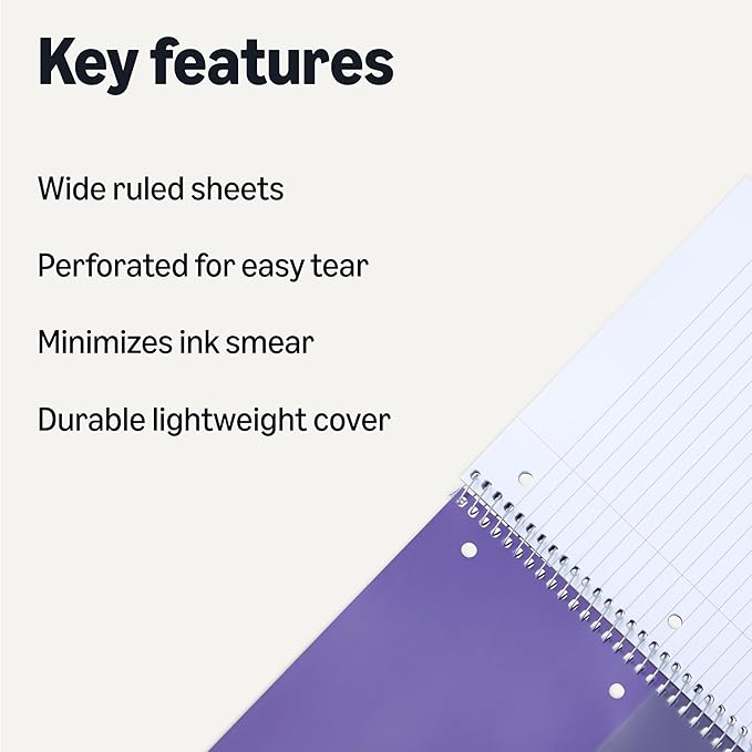 Amazon Basics Wide-Ruled Spiral Notebook, Poly Cover, For Work and School, 100 Sheets, 8.5" x 10.5", Radiant Orchid, 3-Pack