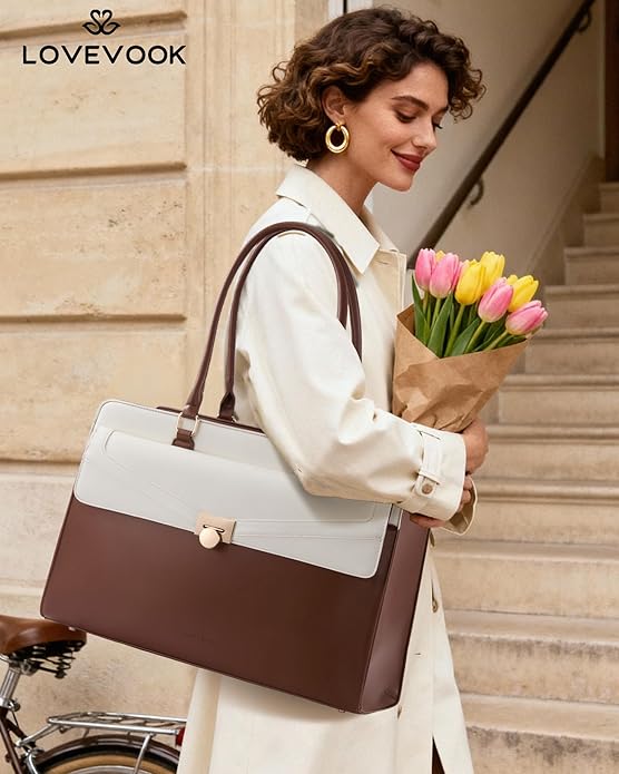 LOVEVOOK Laptop Tote Bag for Women - PU Leather Vintage Work Tote Bag,Waterproof Business Teacher Bag with Large Cup Holder
