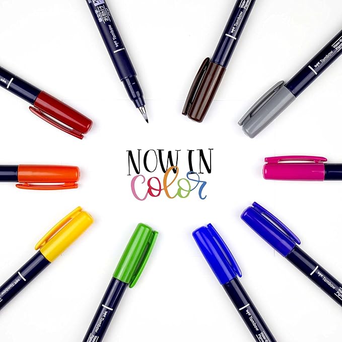 Tombow 56429 Fudenosuke Colors Brush Pens, 10-Pack. Hard Tip Fudenosuke Brush Pens in Assorted Colors for Calligraphy and Art Drawings