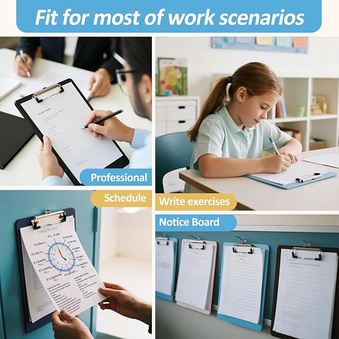 6 Pack Plastic Clipboards with Low Profile Clip, Hanging Clipboards Bulk, Clip Boards 8.5x11 Holds 100 Sheets, A4 Letter Size Clipboard for Teacher, Students, Kids, Classroom & Office