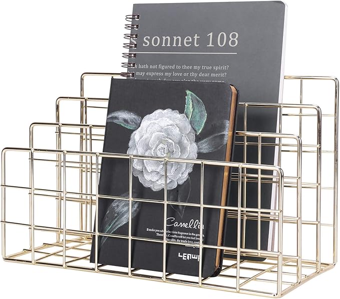 Simmer Stone Letter SorterOrganizer for Desk, Premium Plated Metal Mail Holder, 3-Slot Ultra-Stable Non-Wobbling Desktop Organizer for Envelopes, Documents, Palettes, 9.5 x 4.7 x 6 Inche, Gold