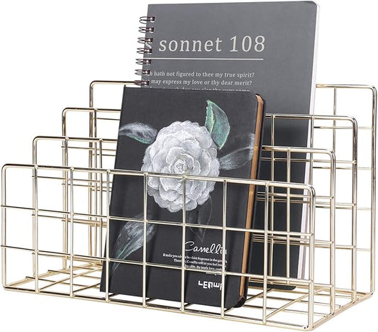 Simmer Stone Letter SorterOrganizer for Desk, Premium Plated Metal Mail Holder, 3-Slot Ultra-Stable Non-Wobbling Desktop Organizer for Envelopes, Documents, Palettes, 9.5 x 4.7 x 6 Inche, Gold