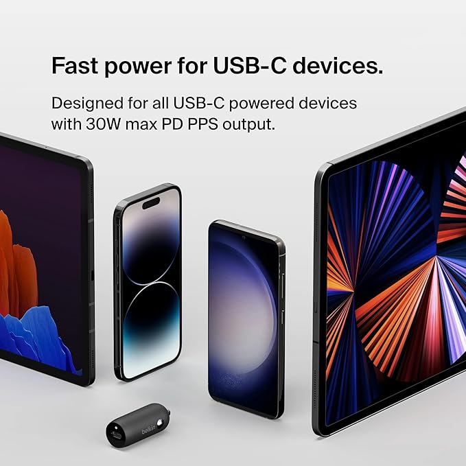 Belkin Boost↑Charge™ 30W Fast Car Charger, Compact Design w/USB-C Power Delivery Port, USB-C to Lightning Cable Included, Universal Compatibility for iPhone 14 Series, iPad, and More - Black