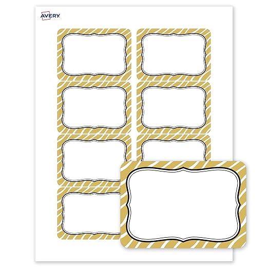 Avery Printable Adhesive Name Badges, 2-1/3" x 3-3/8", Pre-Printed Metallic Gold Zebra Pattern Design, Matte White, Laser & Inkjet Compatible, 80 Total