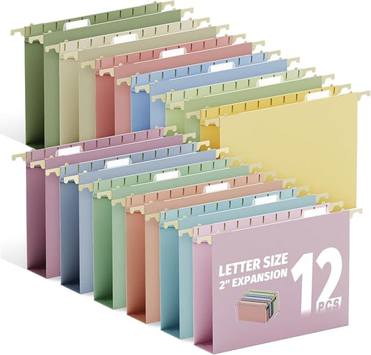 Ansook Hanging File Folders Letter Size Extra Capacity,Heavy Duty 2'' Plastic Expandable File Cabniet Folders,12 Pack File Folders Hanging with Tabs,Desk Paper Organizer for Office School Home