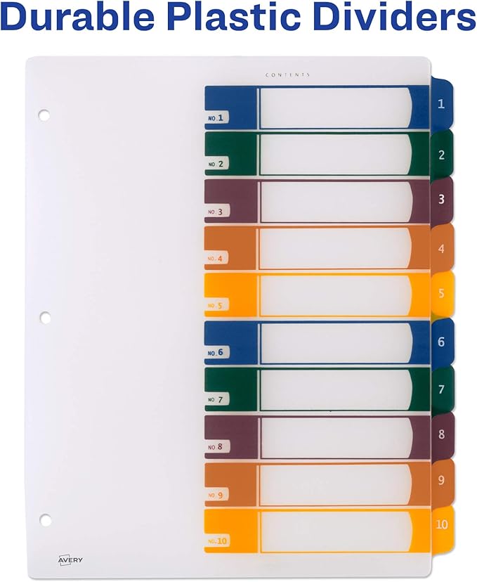 Avery Plastic 10 Tab Binder Dividers, Customizable Table of Contents, Multicolor Tabs, 1 Set (11818)