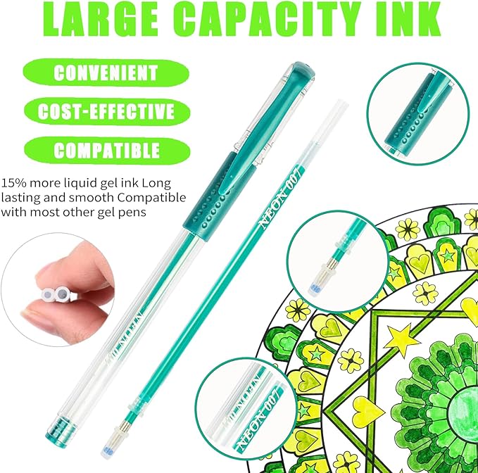 Neon Gel Pens,72 Color Gel Pens Set including 24 Color Gel Pen with 48 Refills,40% More Ink Colored Gel Pens for Drawing, Doodling, Scrapbook, Journaling
