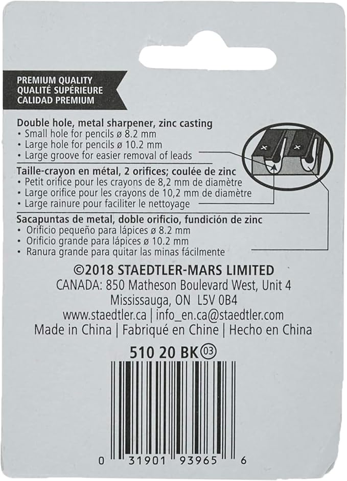 STAEDTLER Metal Double-Hole Pencil Sharpener - Precision 23° & 30° Angles for Standard & Colored Pencils - 3-Point Blade Design for Sharp Lines