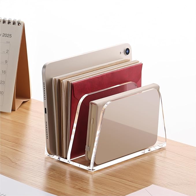 SANRUI Acrylic Mail Organizer, 2-Slot Clear Paper Letter Sorter Mini Desk Organizer, Sleek Office Desk File Holder for Mail, Bills, Notebooks 6.7"x3.5"x3.8"