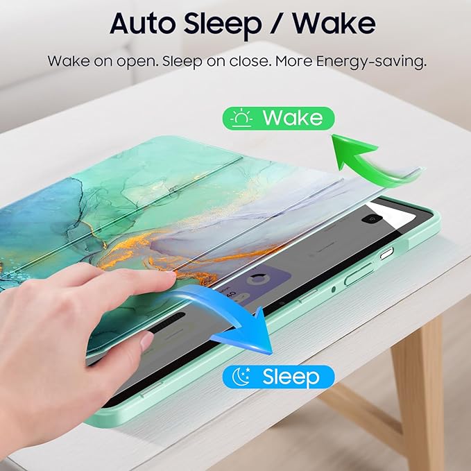 Fintie Hybrid Slim Case for Samsung Galaxy Tab S10 Lite/ S10 FE/ S9 FE 10.9 Inch/Tab S9 11 Inch with S Pen Holder, Shockproof Cover with Clear Transparent Back Shell, Auto Wake/Sleep, Emerald Marble