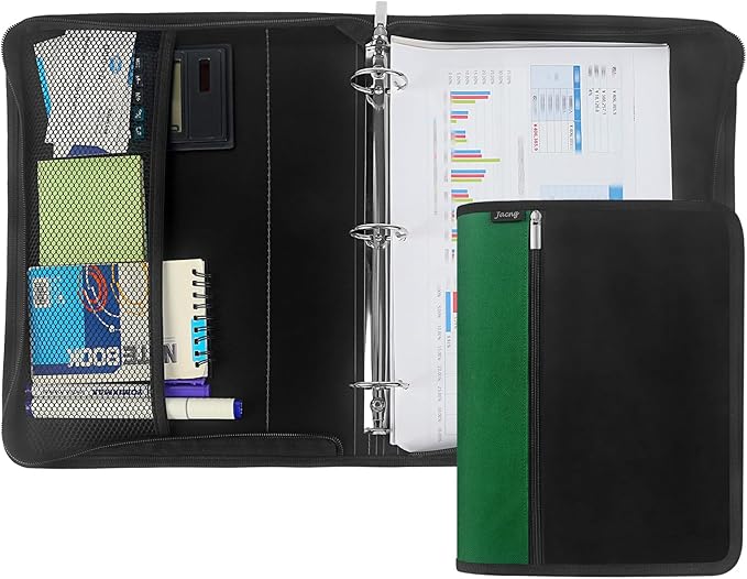 Zipper Binder 1.5 Inch Round 3-Ring Binder, Zippered Grip Pockets Storage Bag Business Office Supplies for Men Women Green (JC-AMZZB12365-Green)