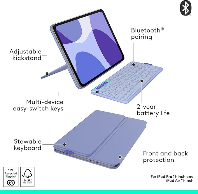 Logitech Flip Folio, Keyboard Case for iPad Pro 13-inch (M4 & M5) & iPad Air 13-inch (M2, M3 & M4) (2024, 2025 & 2026) - Protective & Stowable Bluetooth Keyboard Case, Multi-Device - Lilac