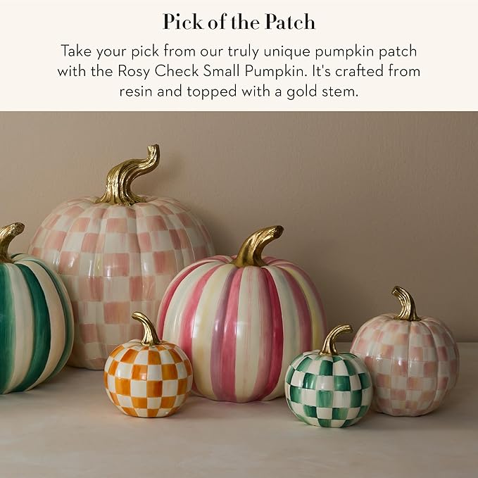 MACKENZIE-CHILDS Pumpkin, Resin Halloween and Fall Decor, Small, Pink-and-White Rosy Check