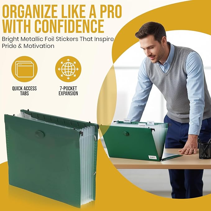 Iconikal Expanding Hanging Green File Folder with 7 Pockets, Portable Heavy-Duty Poly Organizer for Letter Size Files, Retractable Hooks & Elastic Closure