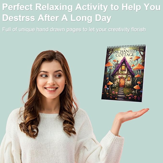 Coloring Book for Women Spiral Bound, Lay Flat While Coloring Adult Coloring Book One Sided Design Gift for Adult to Relax and Relieve Anxiety The Enchanted Cottage