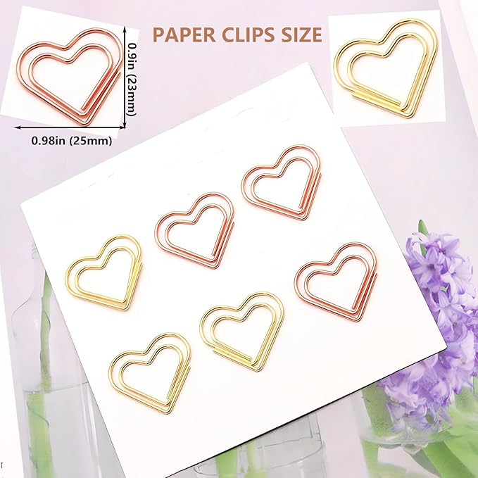 Metal Heart Paper Clips Set-50 Pcs Gold Paperclips- Cute Decorative Office & School Supplies, Ideal for Wedding & Parties Decor (Heart)
