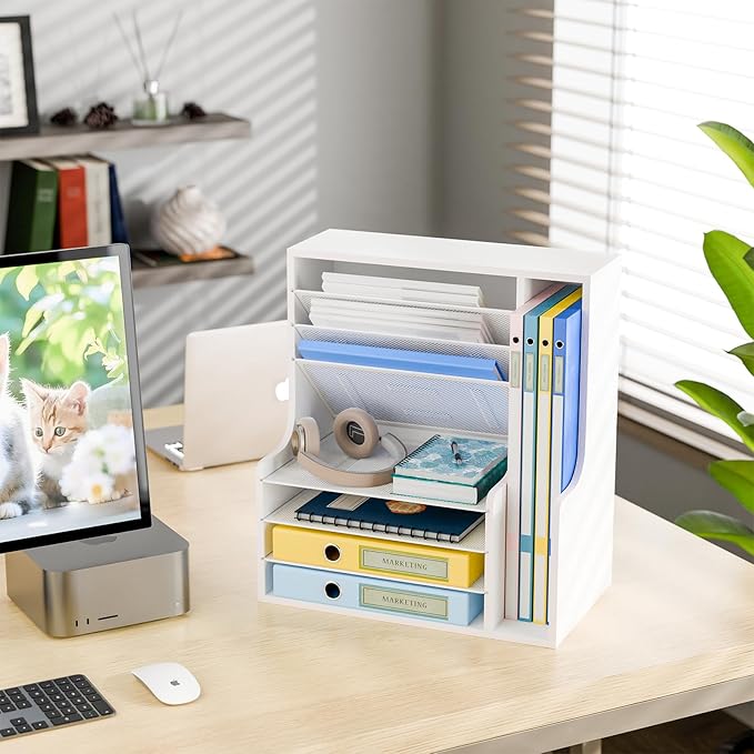 Simple Trending 7 Tier Desk File Organizer, Wooden Letter Tray Paper Organizer with Adjustable File Holder, Mesh Desktop Organizer and Storage for Office Supplies, White