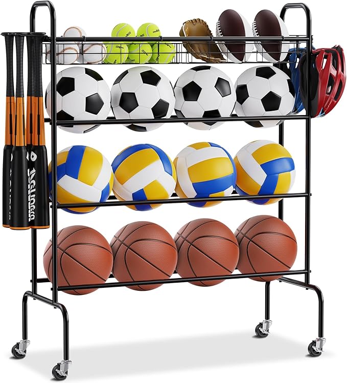 VEVOR Rolling Sports Ball Storage Cart, Lockable Basketball Cage with Double Lids, Sport Equipment Holder Organizer for Indoor Outdoor, Steel Storage Rack for Garages, Playgroup, Gym and Schools