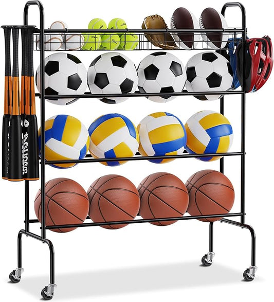 VEVOR Rolling Sports Ball Storage Cart, Lockable Basketball Cage with Double Lids, Sport Equipment Holder Organizer for Indoor Outdoor, Steel Storage Rack for Garages, Playgroup, Gym and Schools