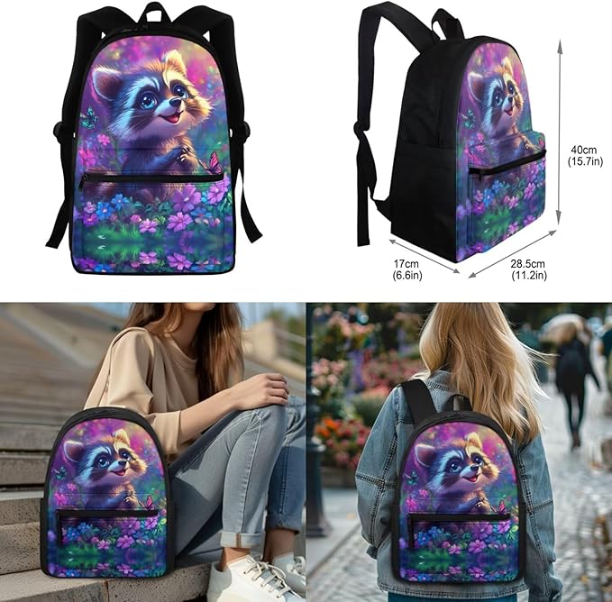 Raccoon Backpack for Girls Boys School Bag Set Elementary Bookbag with Lunch Box Kids Pencil Case Water Bottle Sleeve Kindergarten Preschool Schoolbag Travel Daypack Rucksack