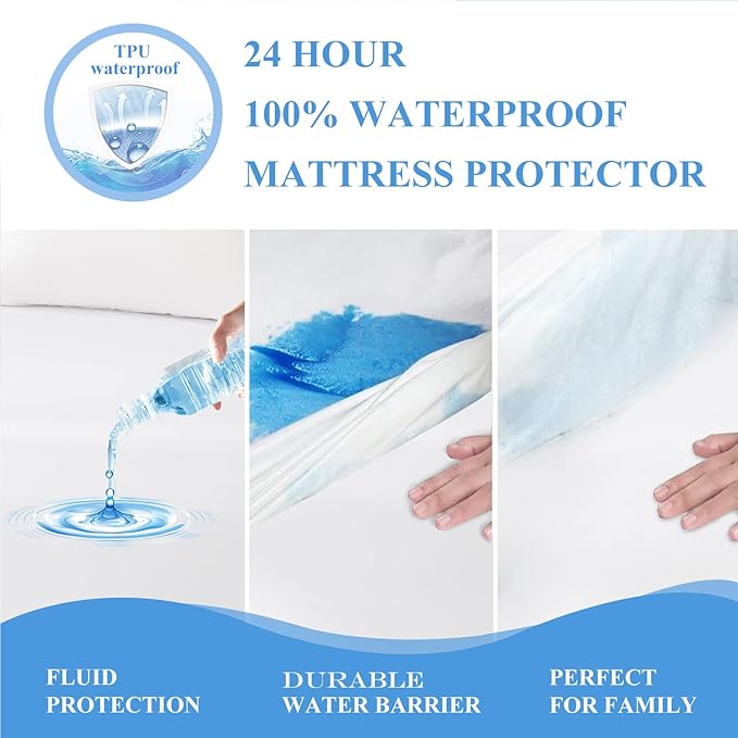 California King Waterproof Mattress Protector - Noiseless, Breathable, Machine Washable Fitted Mattress Cover with Deep Pocket up to 5”-21”（White）