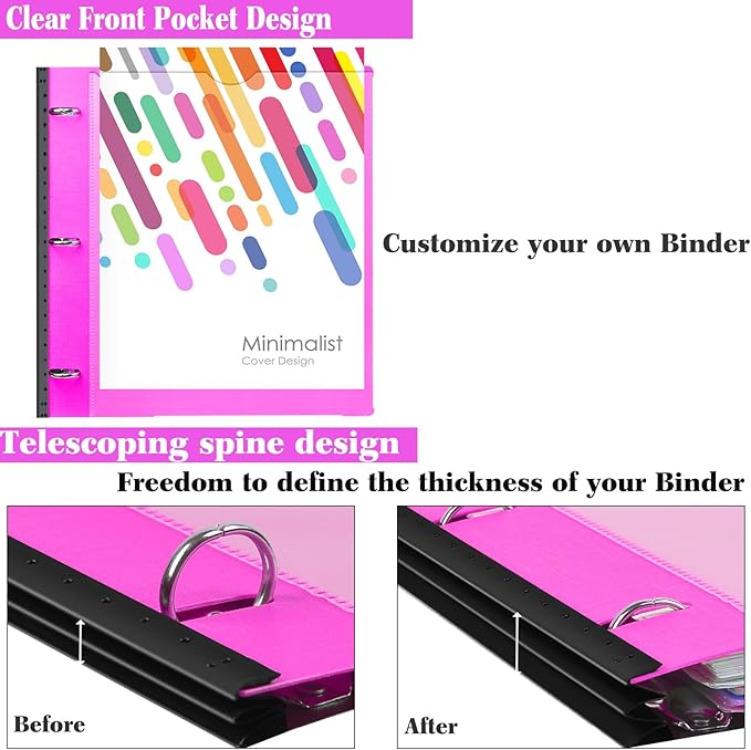 INFUN 1 Inch 3-Ring Telescoping Project Organizer Binder,13 Pocket, Customizable Front Cover, 5 Colors Pocket Divider and Plastic Binder Pocket，225 Sheet Capacity-Pink