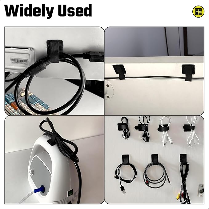 Matenf Under Desk Cable Management Kit - 40 PCS Self-Adhesive Hook & Loop Cable Organizers, Adjustable Cord Hider for Desk, Cable Ties in Office, Home, Kitchen (Black)
