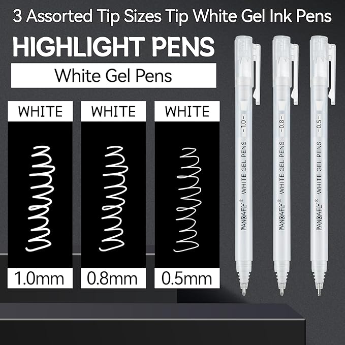 PANDAFLY White Gel Pens, Fine, Medium & Bold Tip Ink Pens for Journaling, Art, or Drawing - For Art Gifts, Holiday Gifts & DIY Projects, White Ink, 05/08/10mm Assorted Tip Sizes - 3 Pack